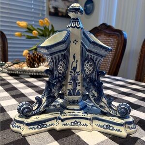 Blue and White Ceramic flower Holder/ has a slight chip on top but beautiful